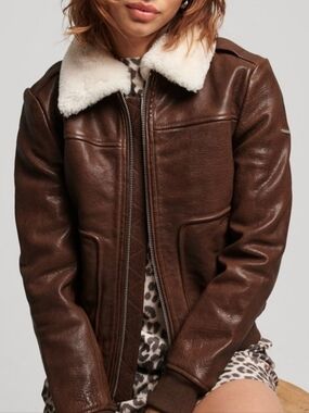 Superdry Genuine Leather Flight Jacket With Detachable Faux Shearling Collar